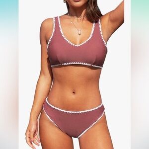Cupshe Rust Red And White Crochet Bikini Set Size Large NWT